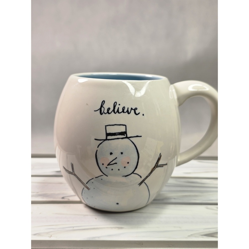 Rae Dunn BELIEVE Snowman Mug LET IT SNOW Ivory Blue Interior Christmas Brand New